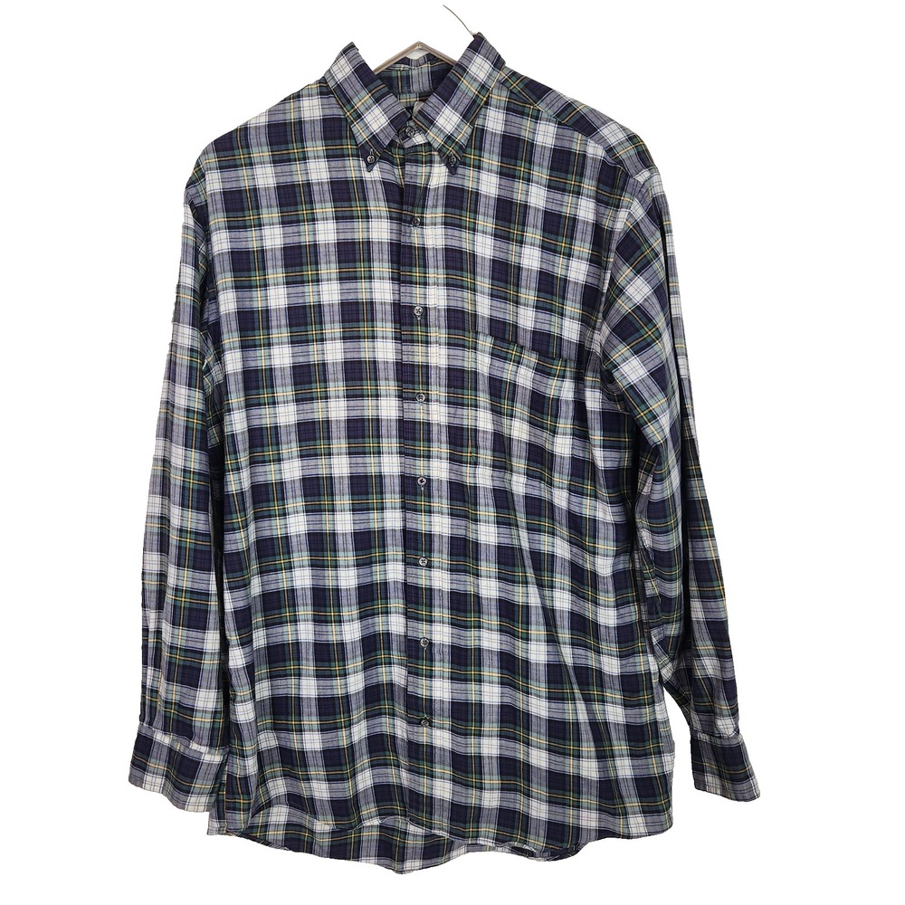 Vintage LANDS END Viyella Shirt Mens Tall Medium Blue Plaid Button Down 90s